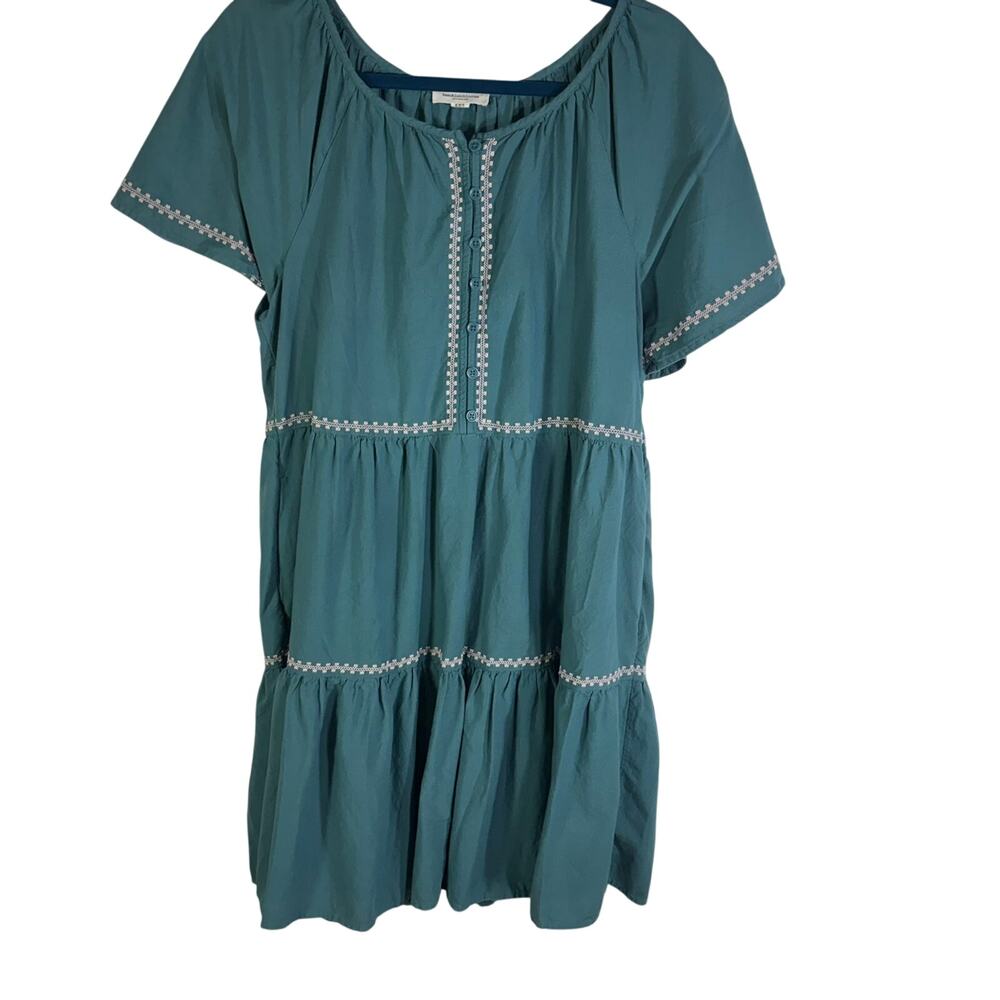 BeachLunchLounge Womens M Teal Embroidered Tiered Midi Dress Boho Cottagecore
